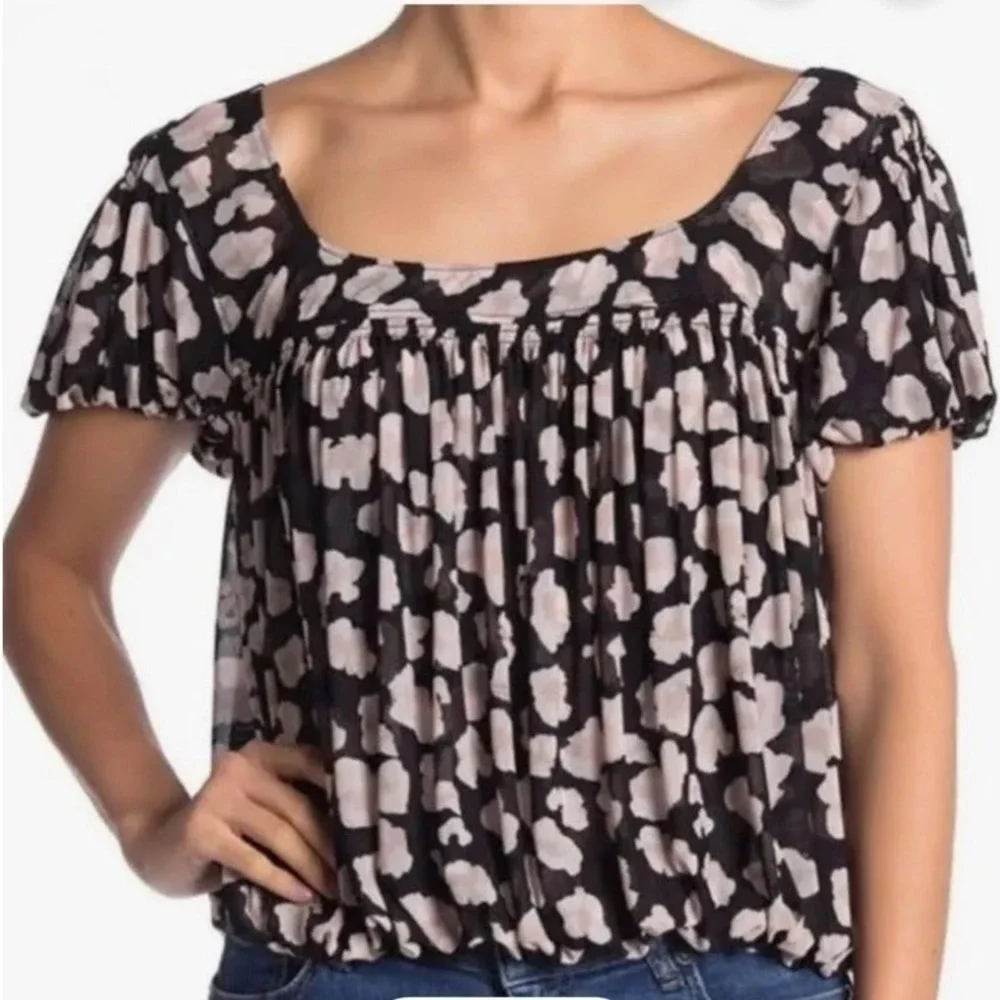 Free People Meg's Animal Print Mesh Bubble‎ Hem Blouse Size L